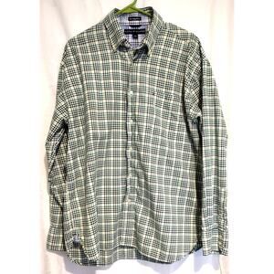 Tommy Hilfiger Large Men's Plaid Shirt Green White Preppy Y2K Casual 100% Cotton
